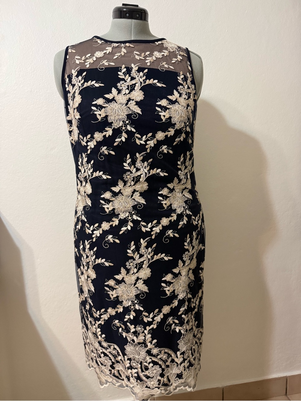 Lauren Ralph Lauren Navy Blue Midi Dress with Cream and Gold Floral Lace Overlay